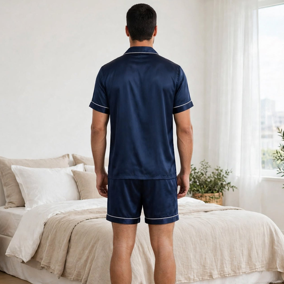 Pyjama homme en soie court bleu