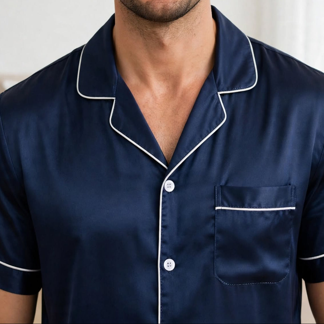 Pyjama homme en soie court bleu