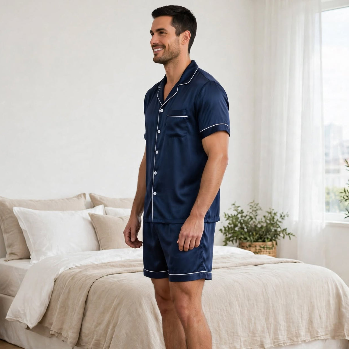 Pyjama homme en soie court bleu