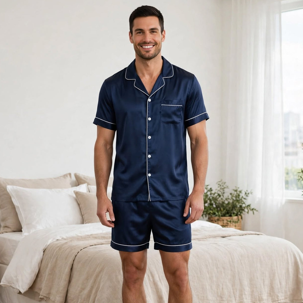 Pyjama homme en soie court bleu