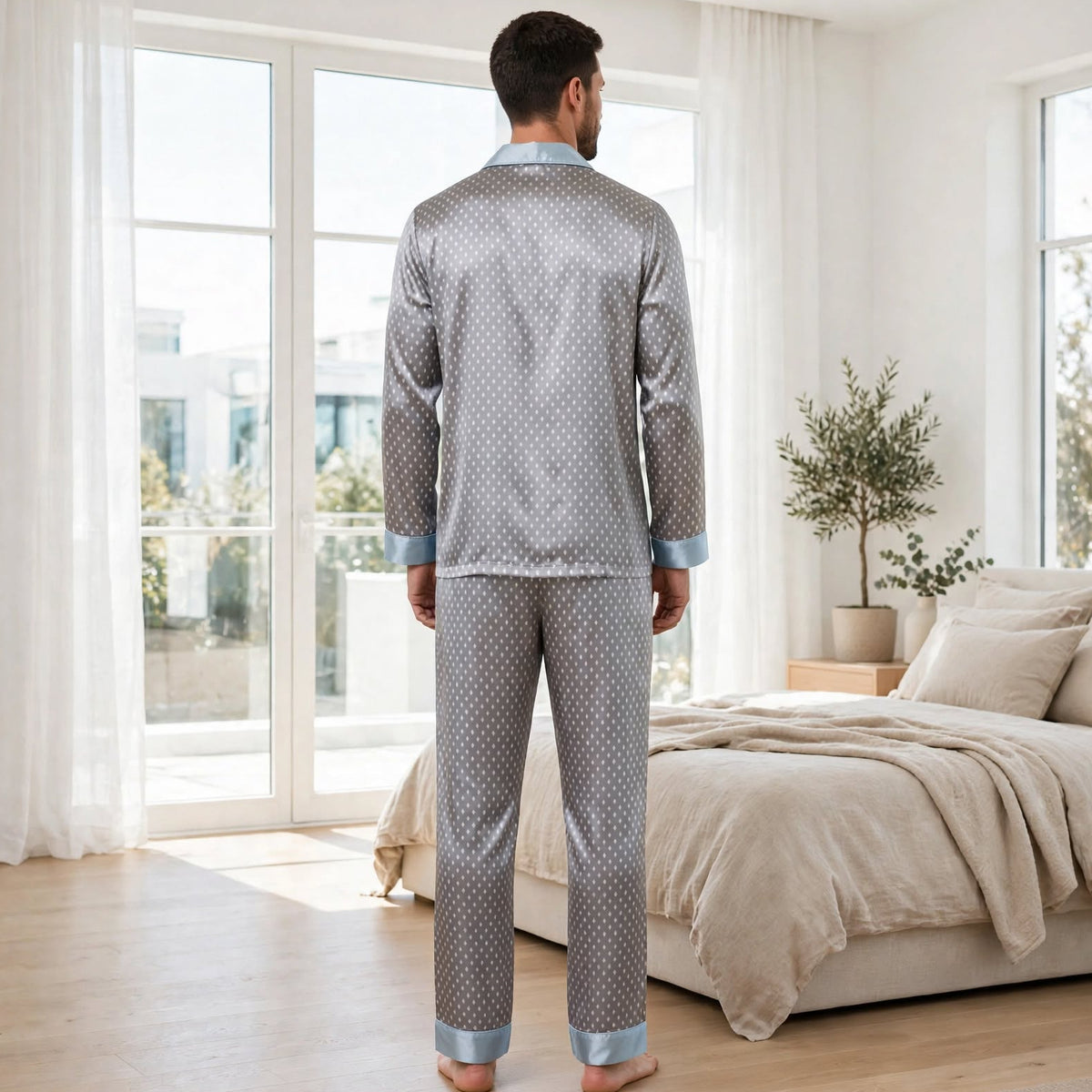 Pyjama en soie long homme gris luxe