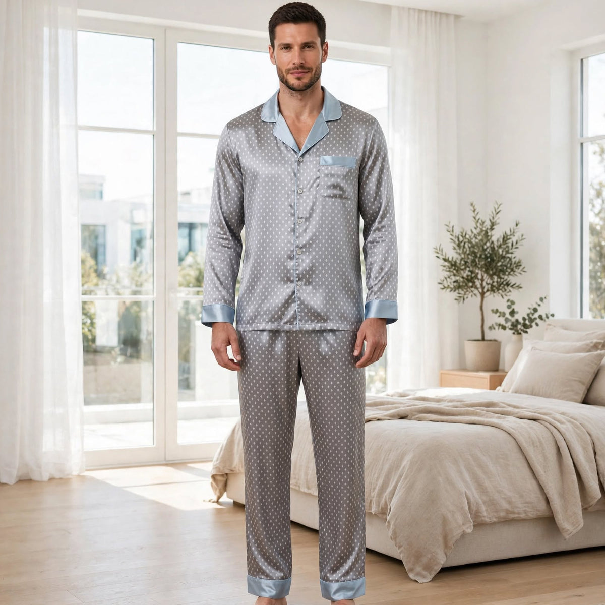 Pyjama en soie long homme gris luxe