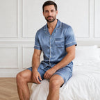 Pyjama en soie homme short rayé bleu