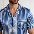 Pyjama en soie homme short rayé bleu