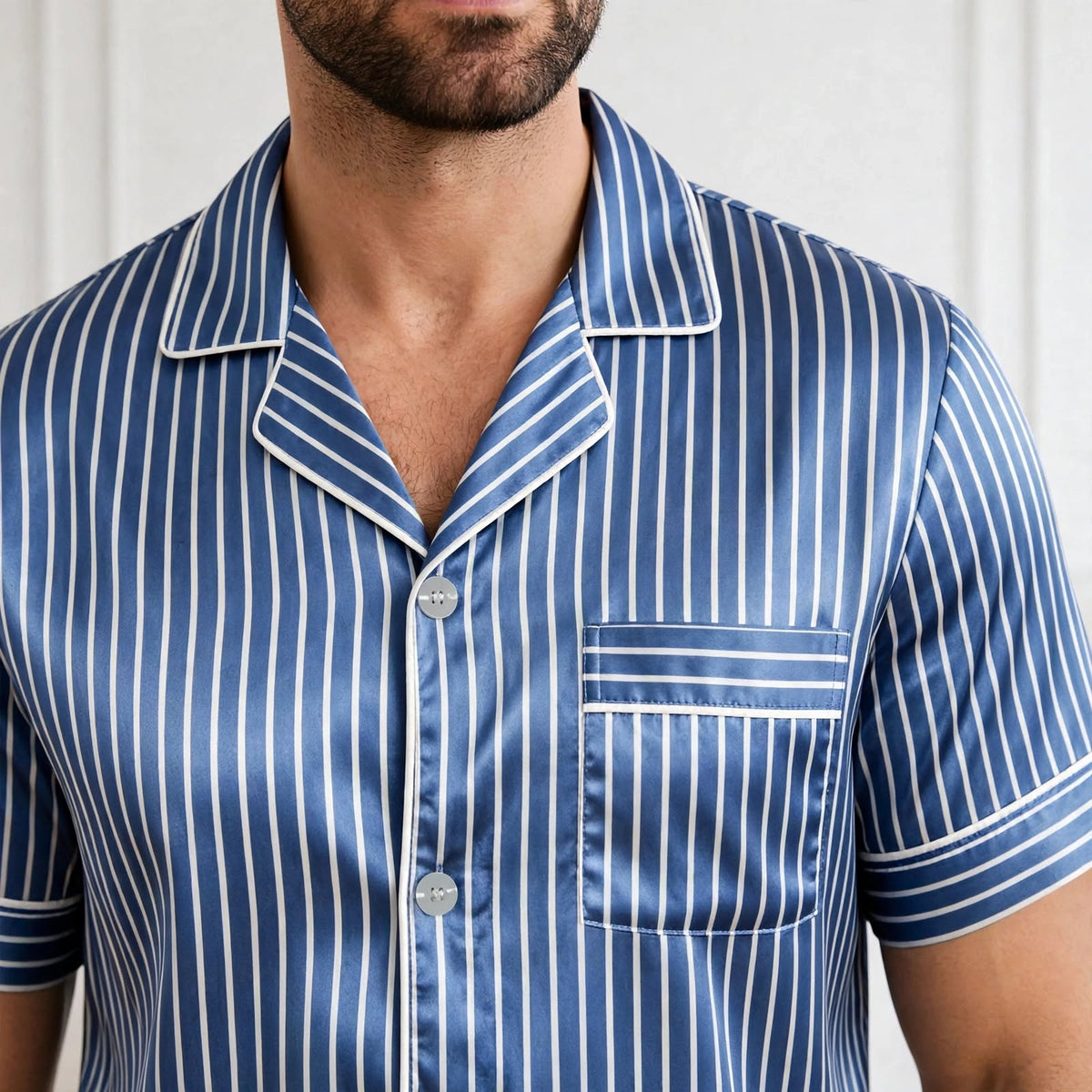 Pyjama en soie homme short rayé bleu