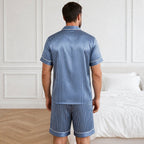 Pyjama en soie homme short rayé bleu