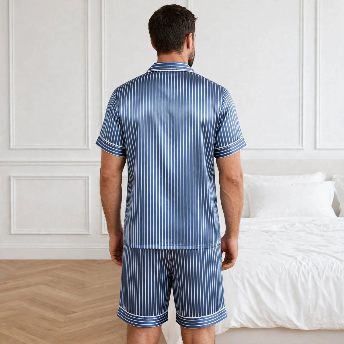 Pyjama en soie homme short rayé bleu