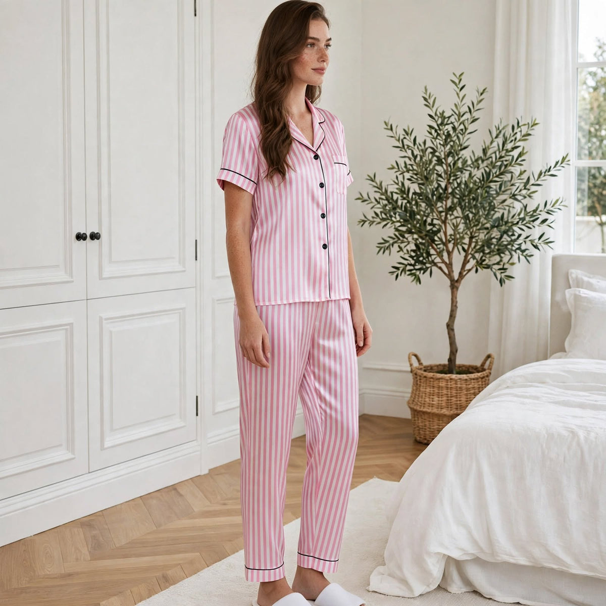 Pyjama en soie long luxe femme rayure rose