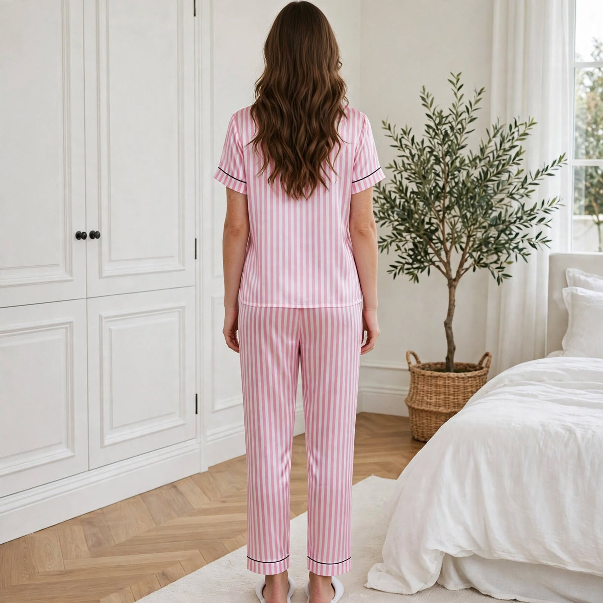 Pyjama en soie long luxe femme rayure rose