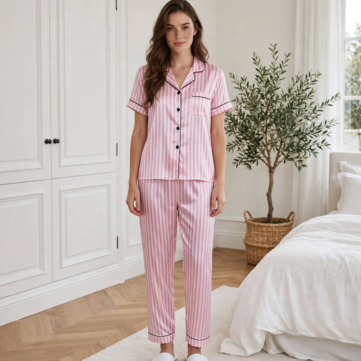 Pyjama en soie long luxe femme rayure rose