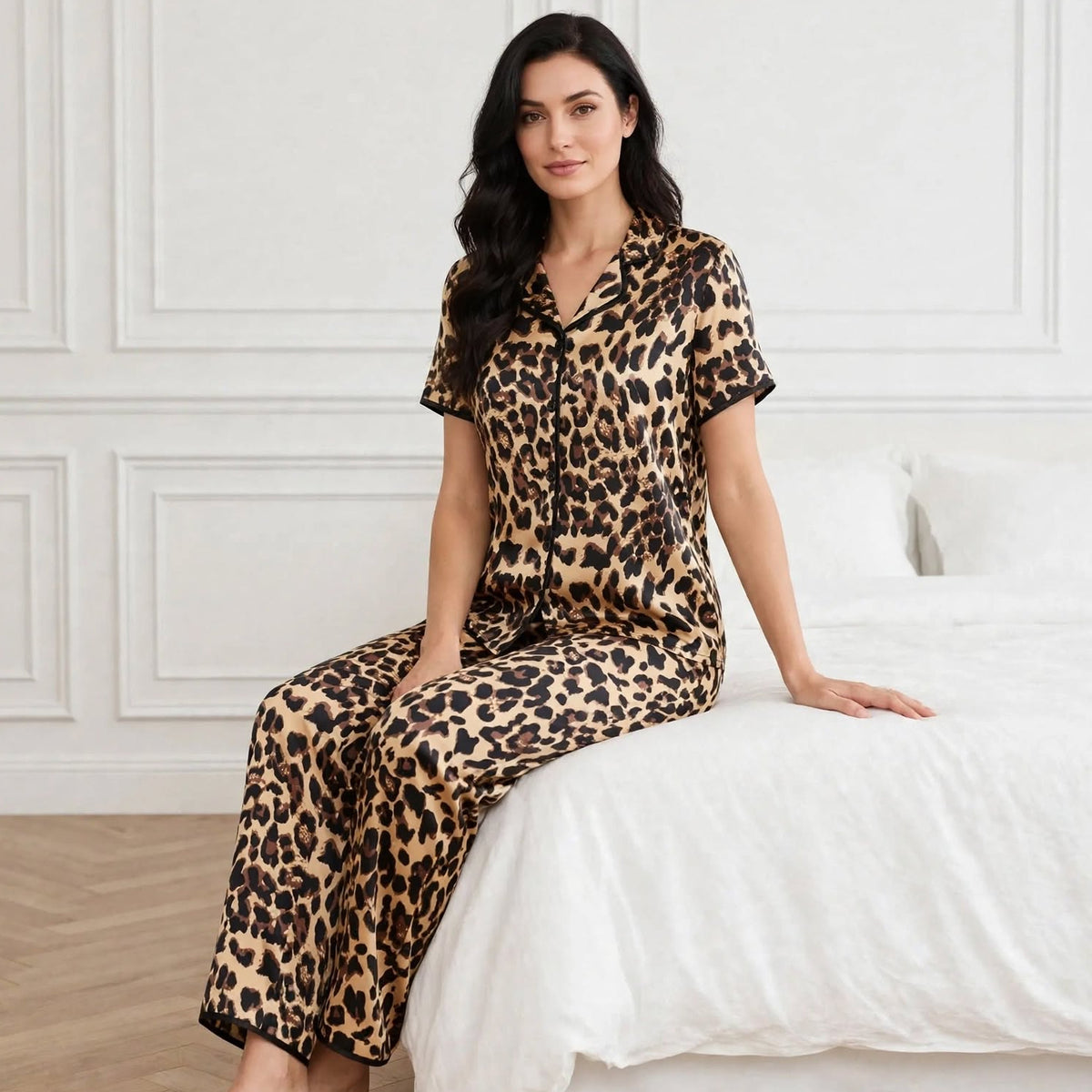 Pyjama long en soie femme léopard