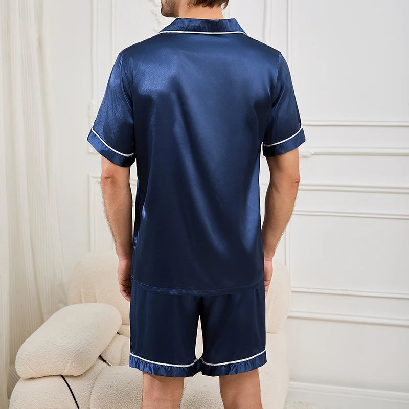 Pyjama homme en soie court bleu